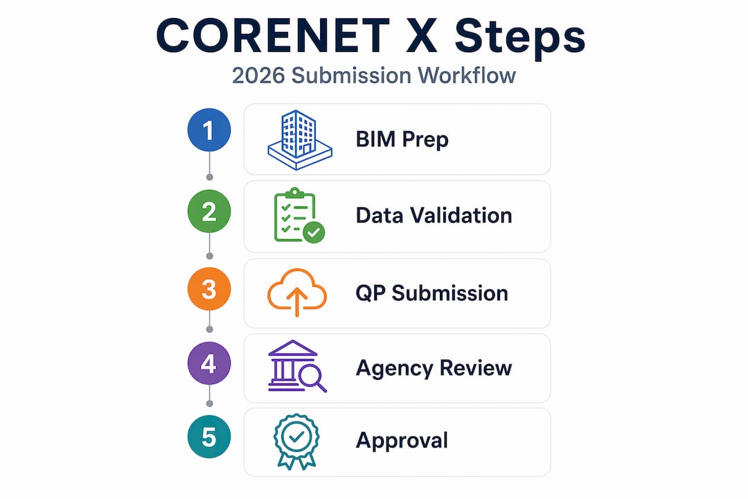 Architecture Planning Guide Singapore: 2026 Compliance Roadmap CORENET X submission workflow infographic