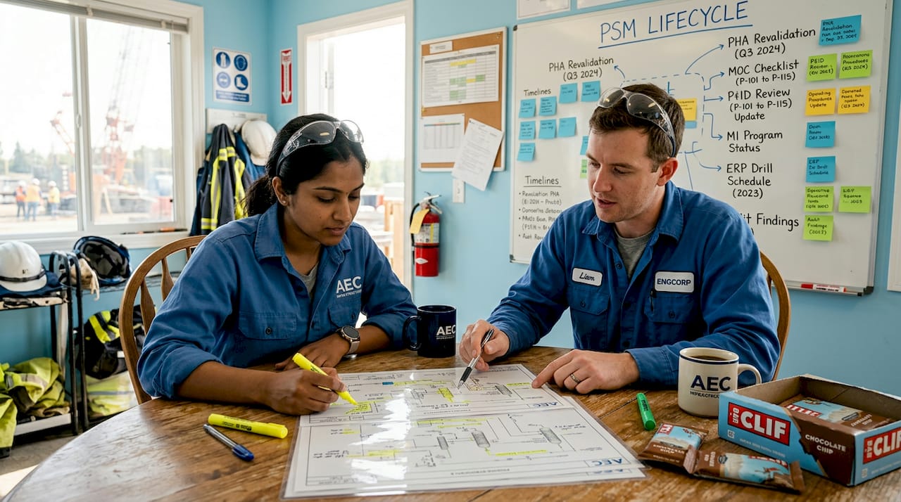 Engineers reviewing process flow diagrams onsite