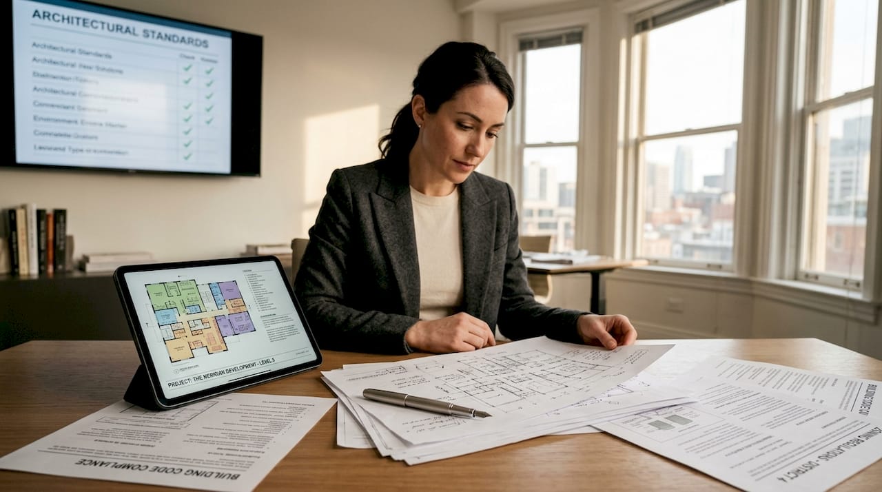 Regulatory Compliance for Architects in Singapore: 2026 Guide Architect desk with compliance documents and monitor