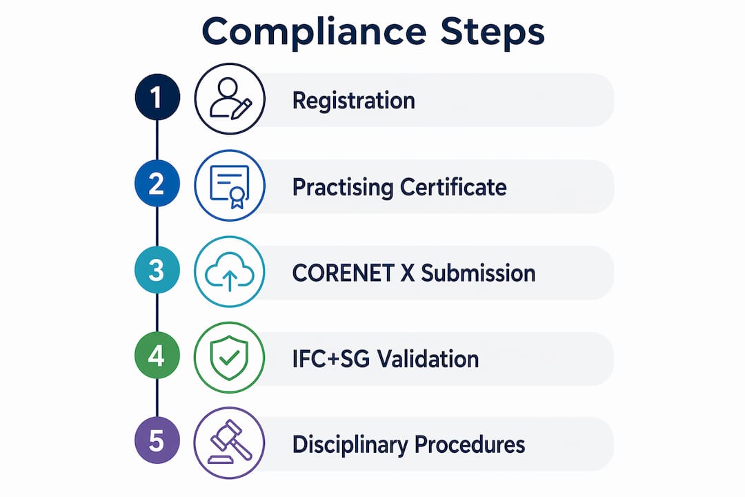 Regulatory Compliance for Architects in Singapore: 2026 Guide Infographic showing steps of architect compliance process