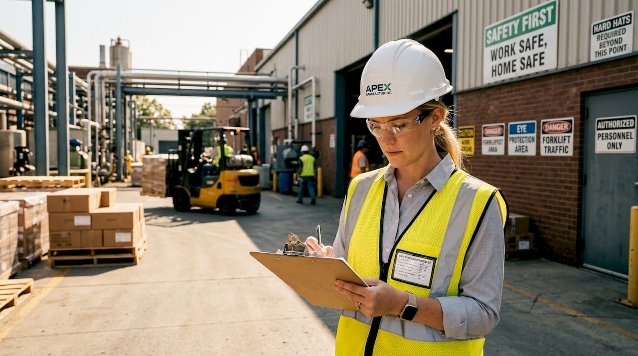 Safety officer conducting OSHA checklist inspection