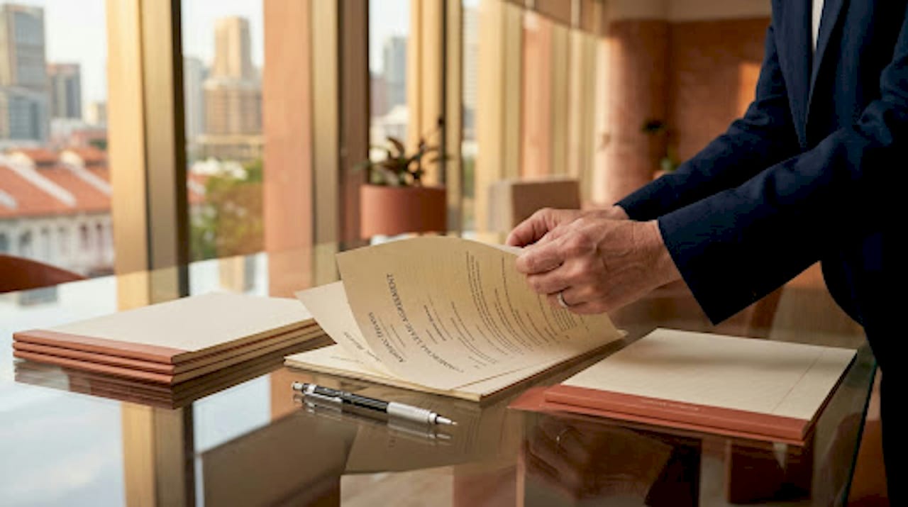 Hands reviewing commercial lease documents on table