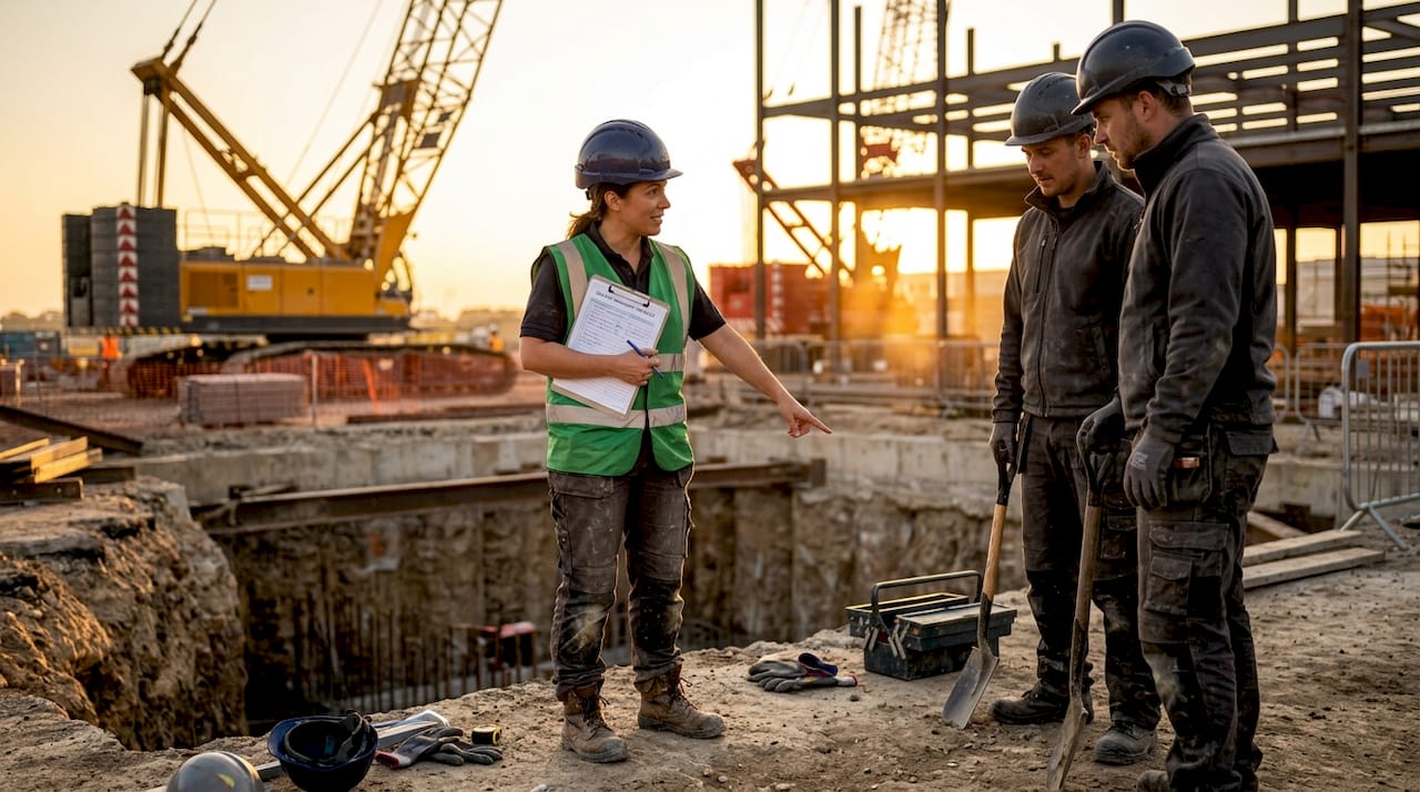 Site engineer discussing risk mitigation at construction site