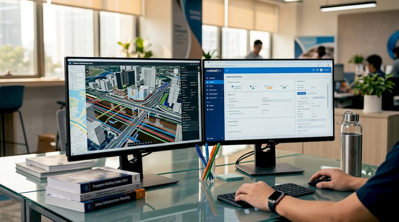 Digital workspace with BIM model and CORENET X portal