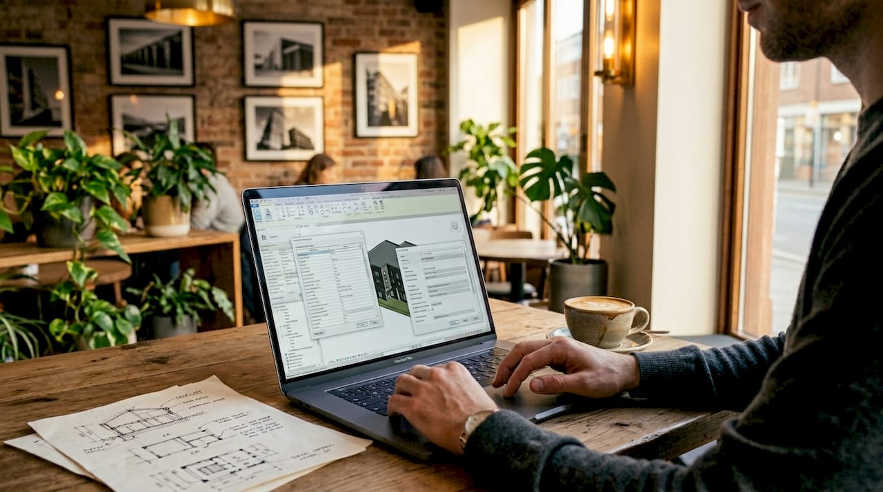 Architectural Design Submission Workflow for Singapore 2026 Hands setting up BIM export template on laptop