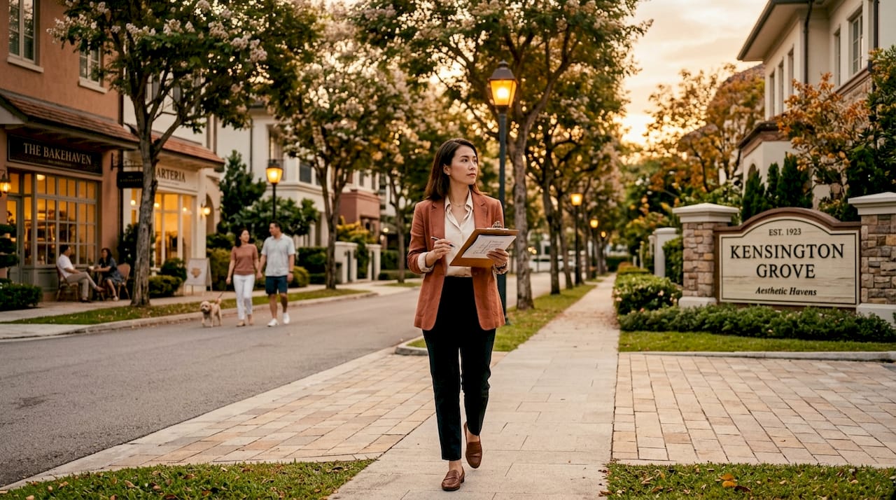 Investor exploring neighborhood on foot in afternoon