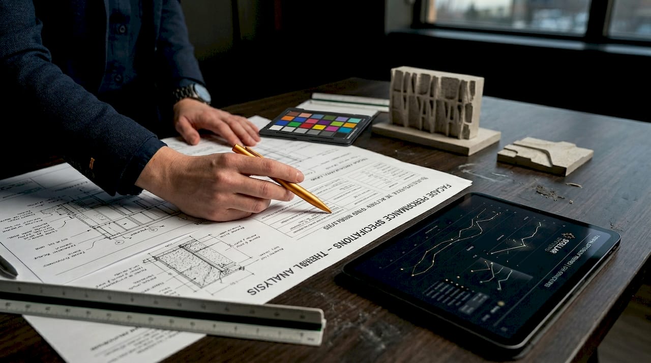 Architect reviewing facade performance specifications