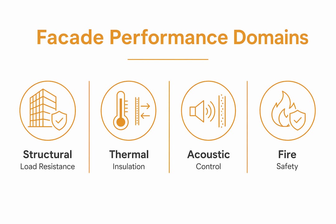 Infographic illustrating facade engineering performance domains
