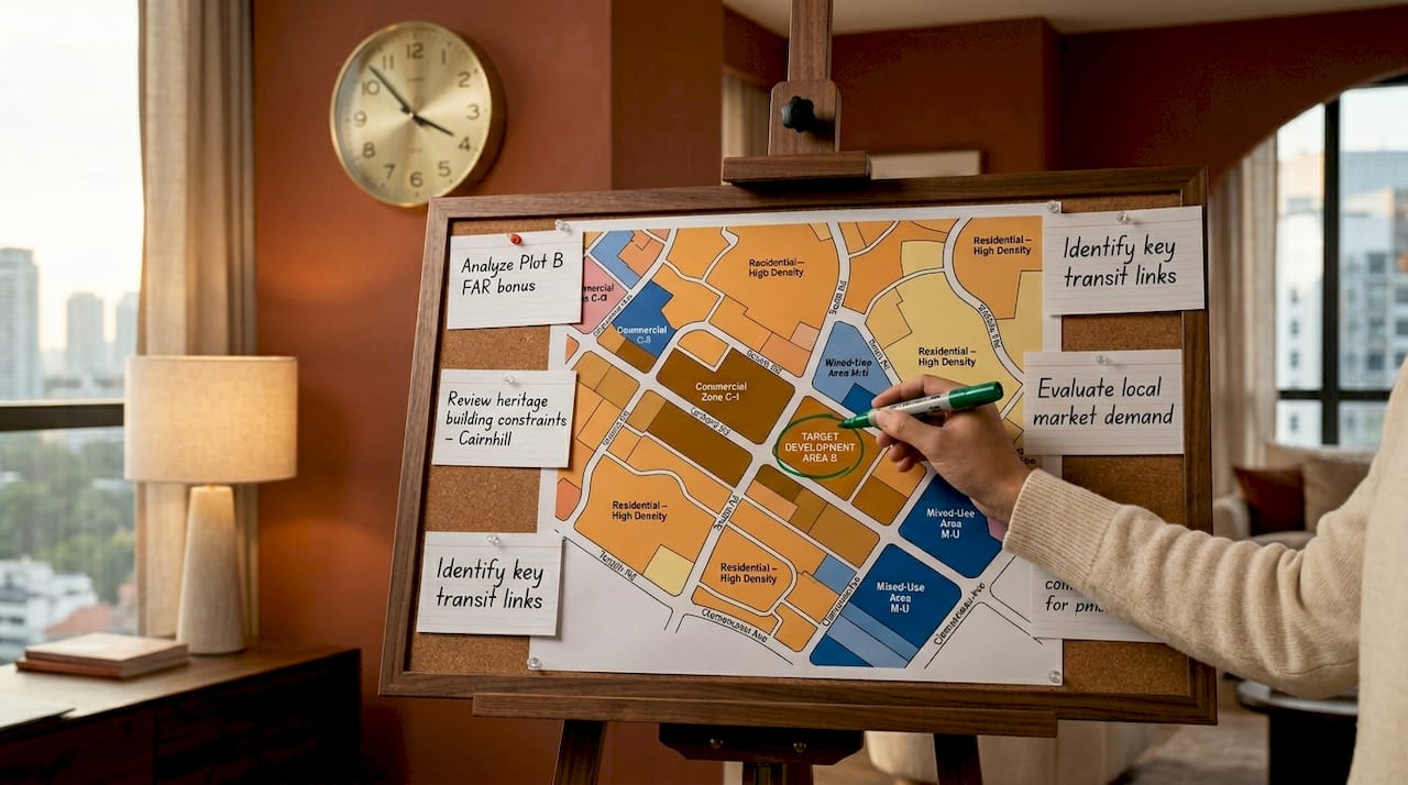Close-up of commercial zoning map with notes