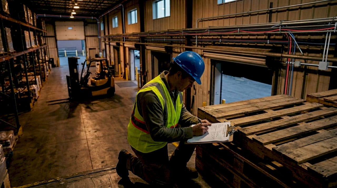 Safety officer inspecting warehouse hazards
