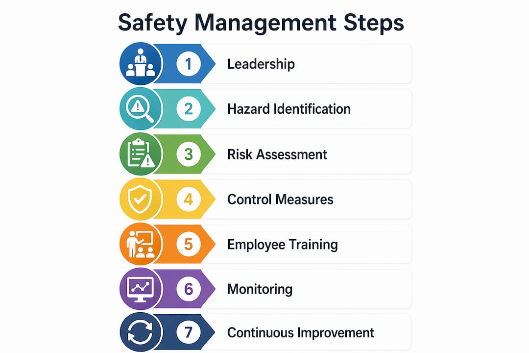 Infographic outlining key workplace safety management steps