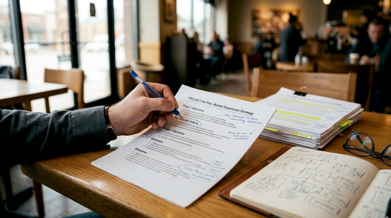 Hand annotating project plan document