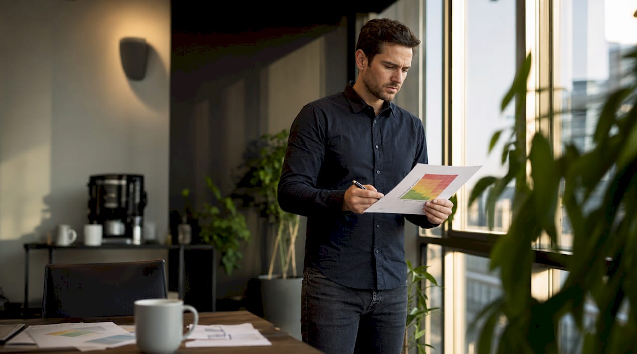 Project manager evaluating risk matrix