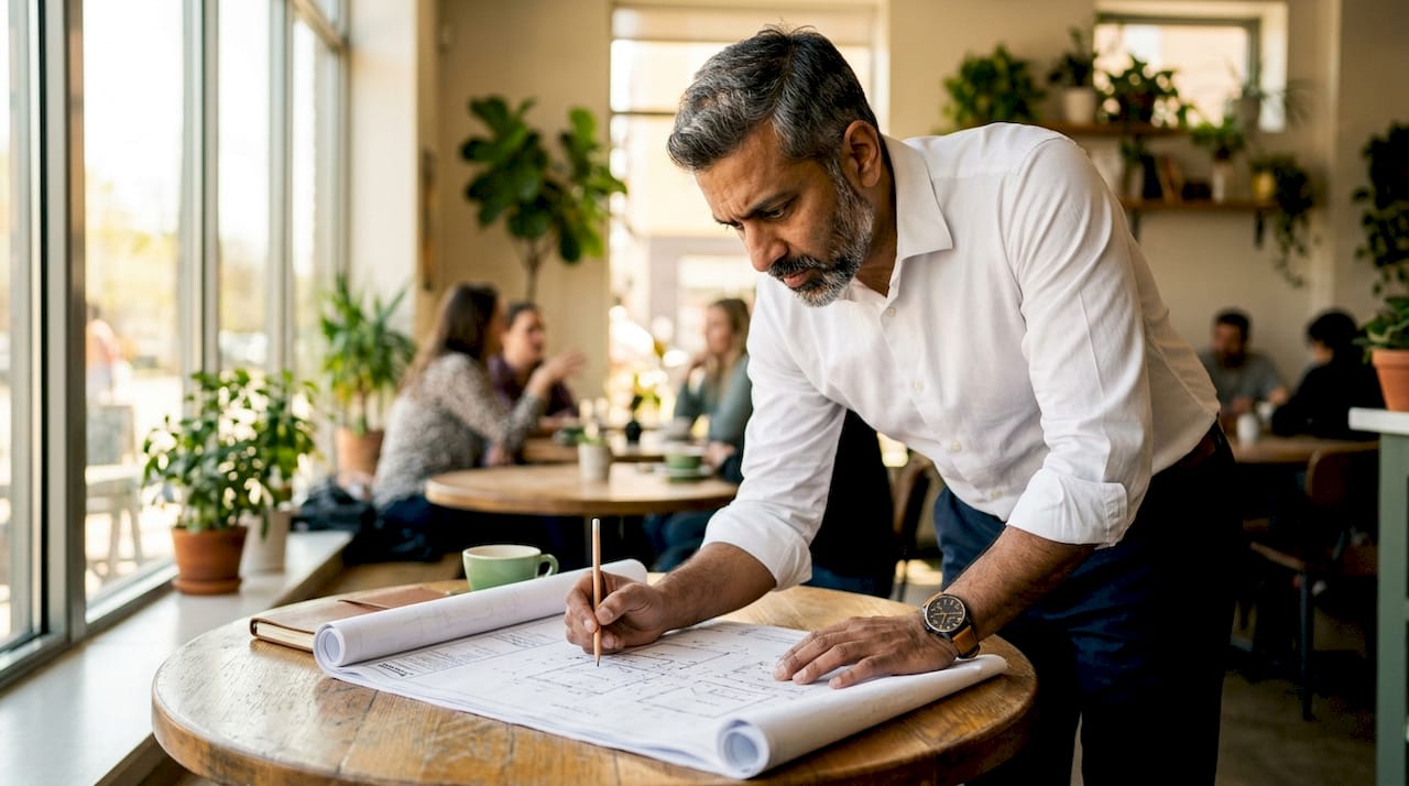 Architect examining foundation plan blueprints in studio