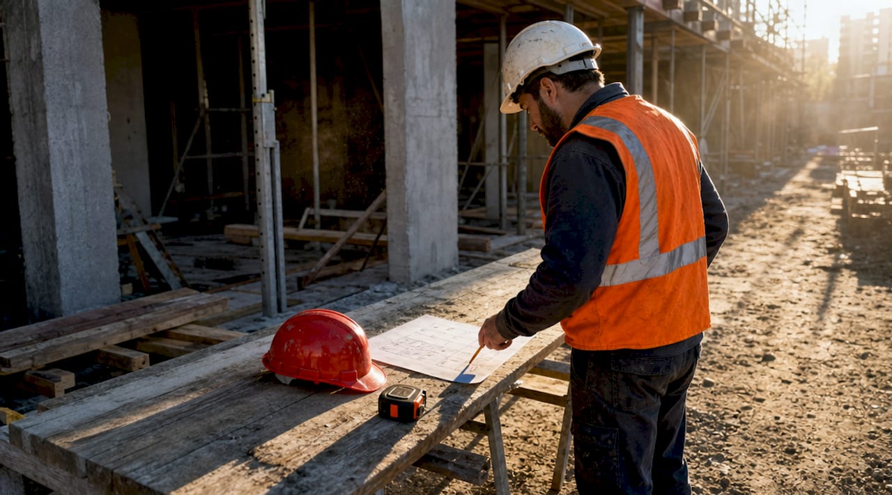 Hands examining hazard checklist on site table