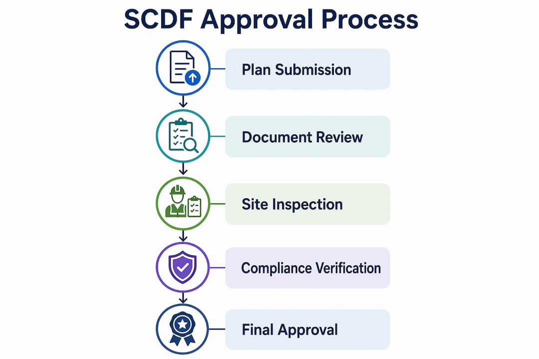The Role of SCDF in Construction: 2026 Compliance Guide Infographic showing stages of SCDF fire safety approval process