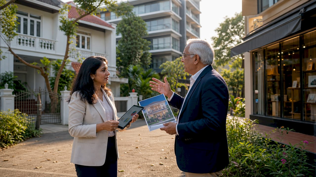 Two investors discussing diverse property types outdoors