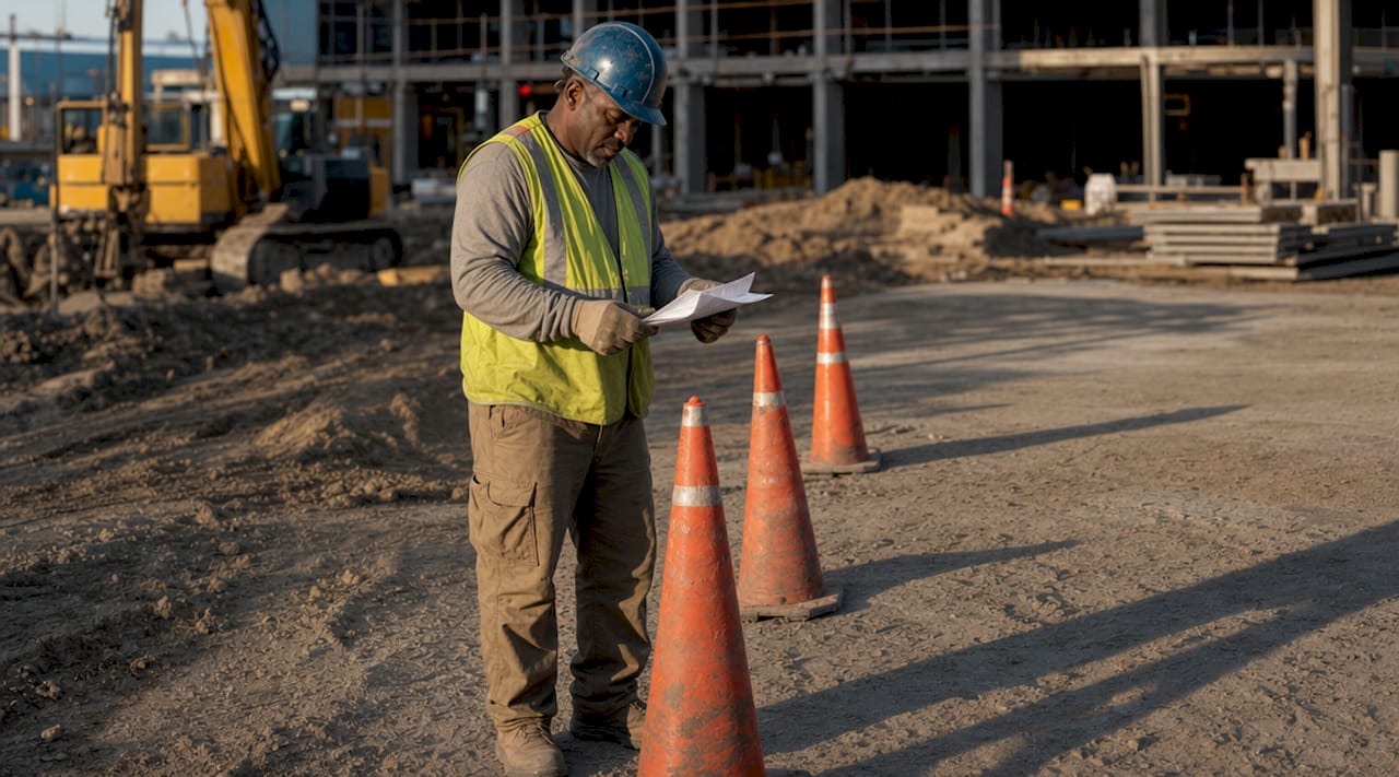 Foreman checking safety checklist on tablet at site