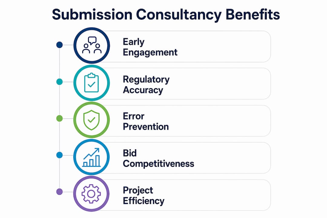 What Is Submission Consultancy for Construction Projects Infographic outlining key benefits of submission consultancy