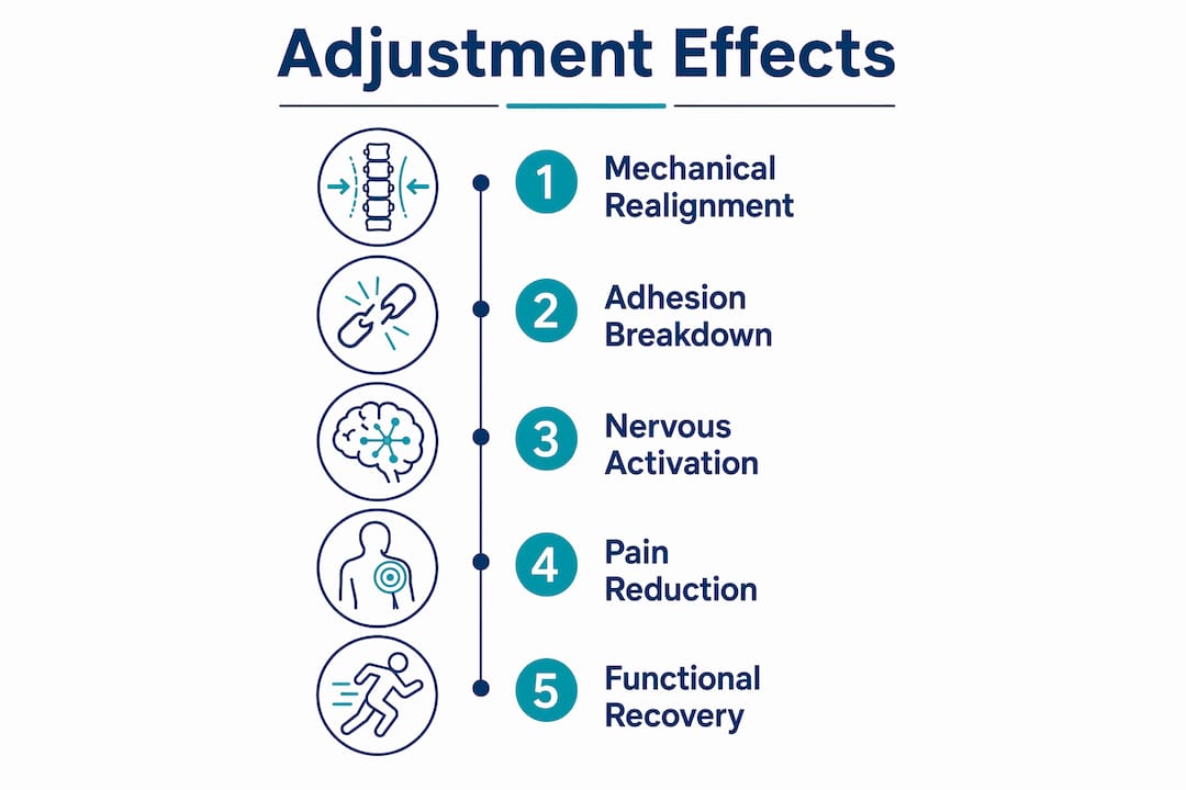 Infographic illustrating spinal adjustment effects flow