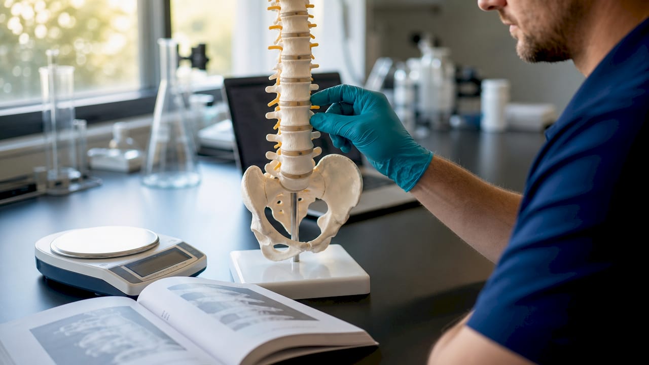 Hand manipulating spinal model in research lab