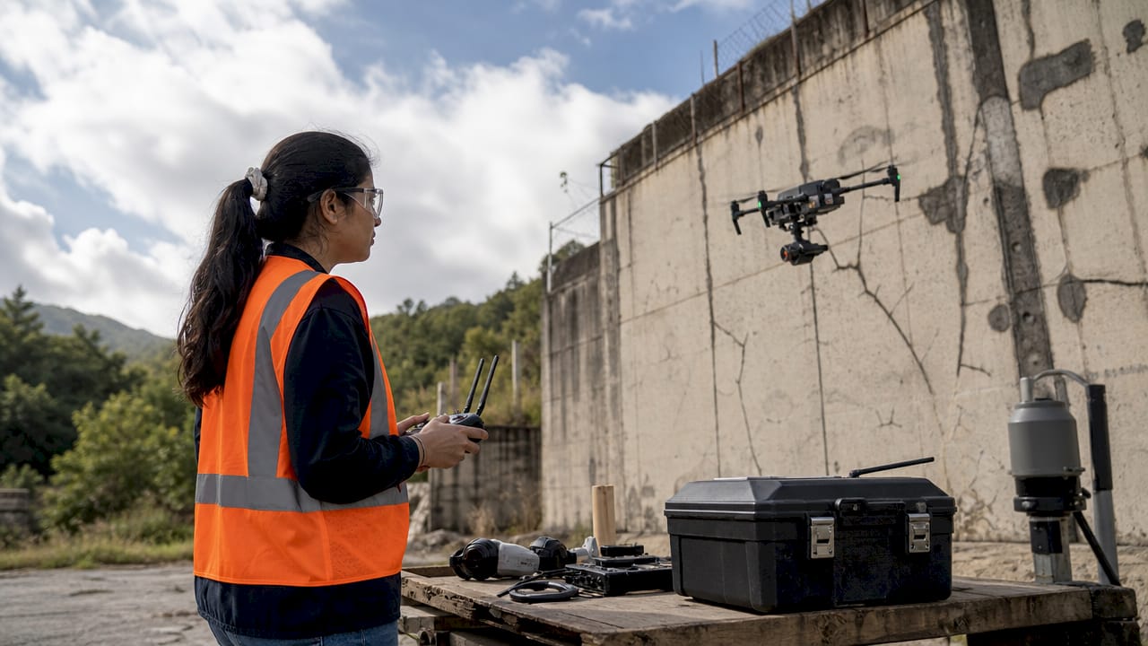 Technician operating drone for structural inspection