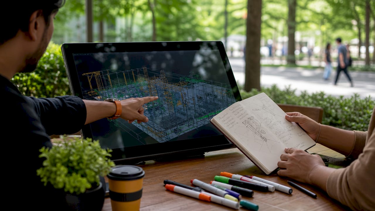 Hands pointing at federated BIM layout on table