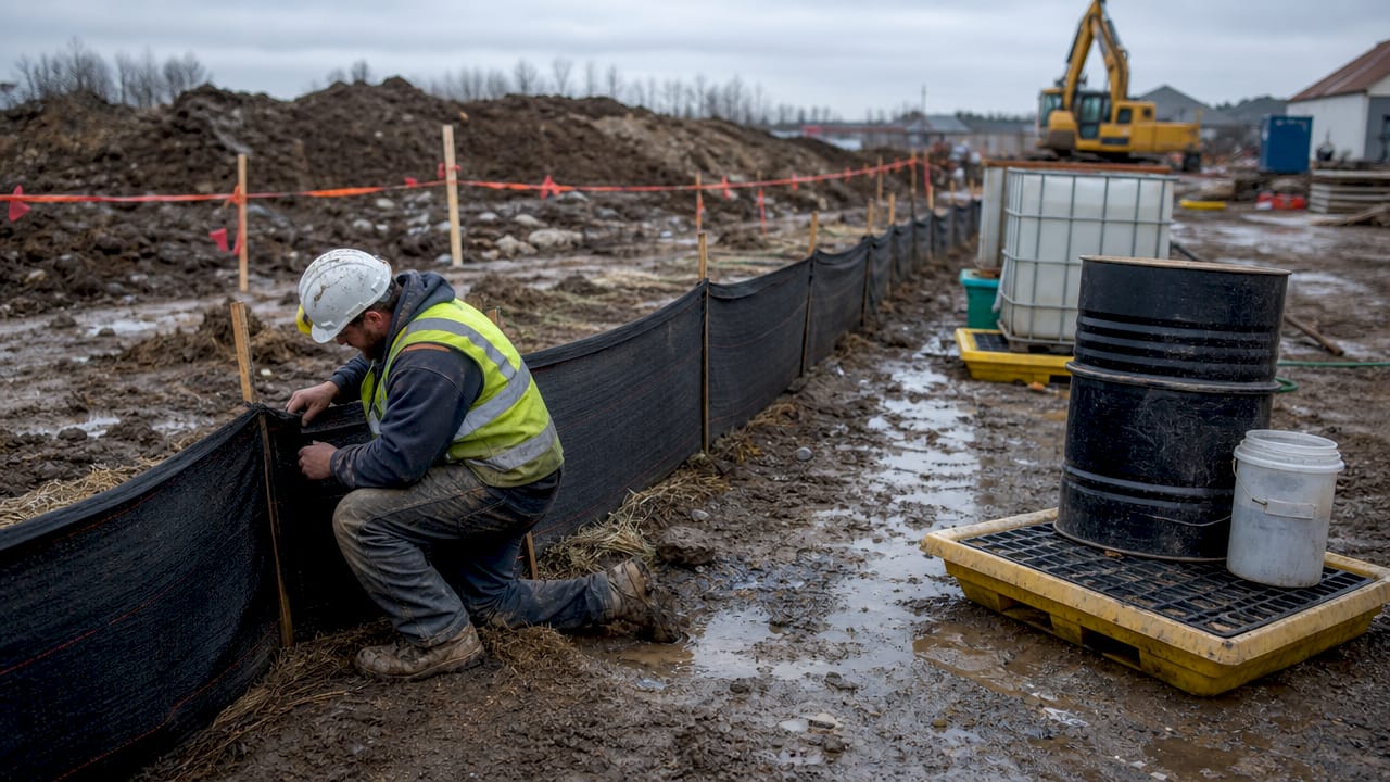 Close-up of sediment fence and inspection hands