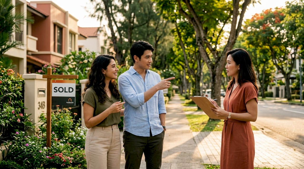 Real estate agent discussing sales comps outdoors