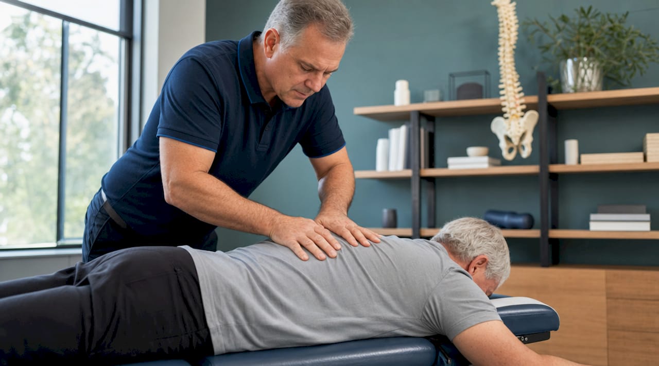 Chiropractor performing gentle spinal adjustment on senior