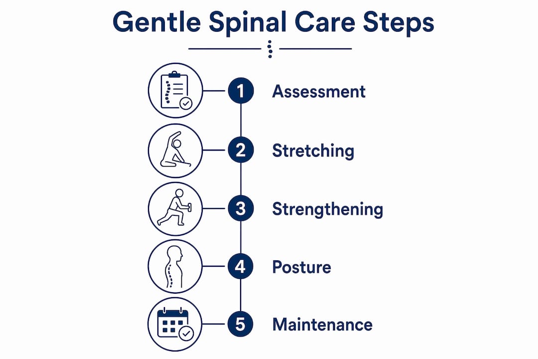 Infographic showing gentle spinal care exercise steps