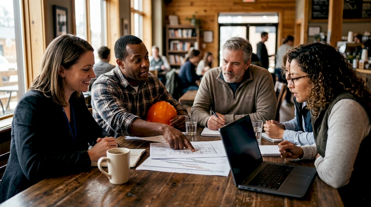 Infrastructure Project Workflow: 2026 Guide for Managers Team discussing construction workflow plans