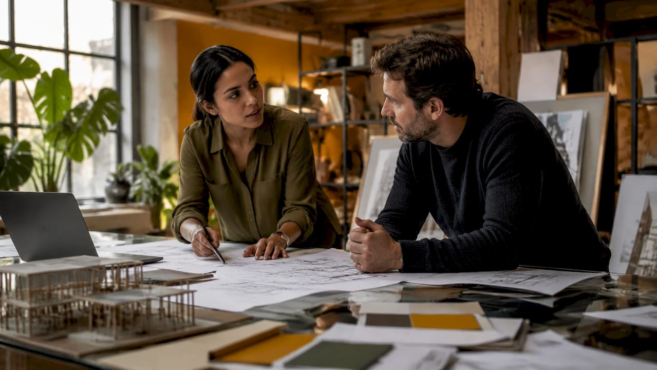 Structural engineer and architect collaborating indoors