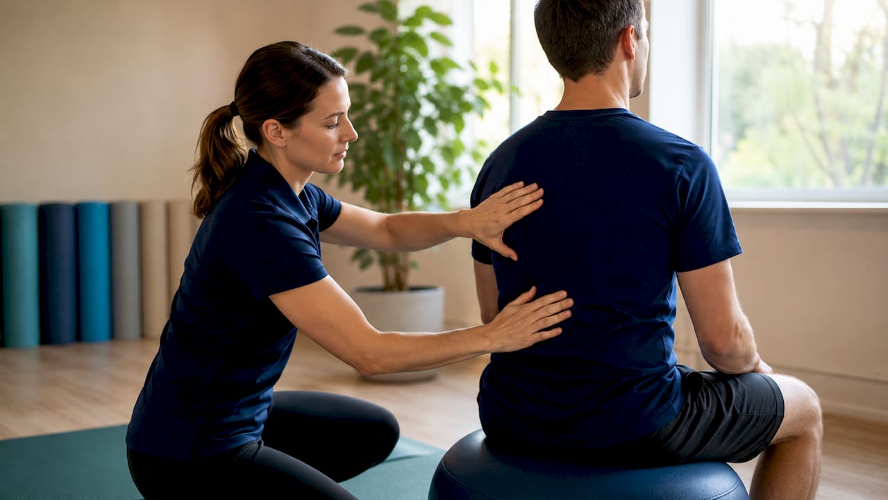 Physiotherapist assessing patient's spine posture