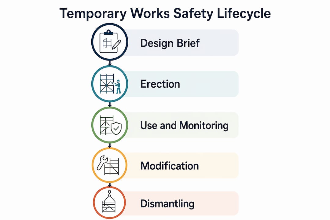Infographic showing temporary works safety lifecycle steps