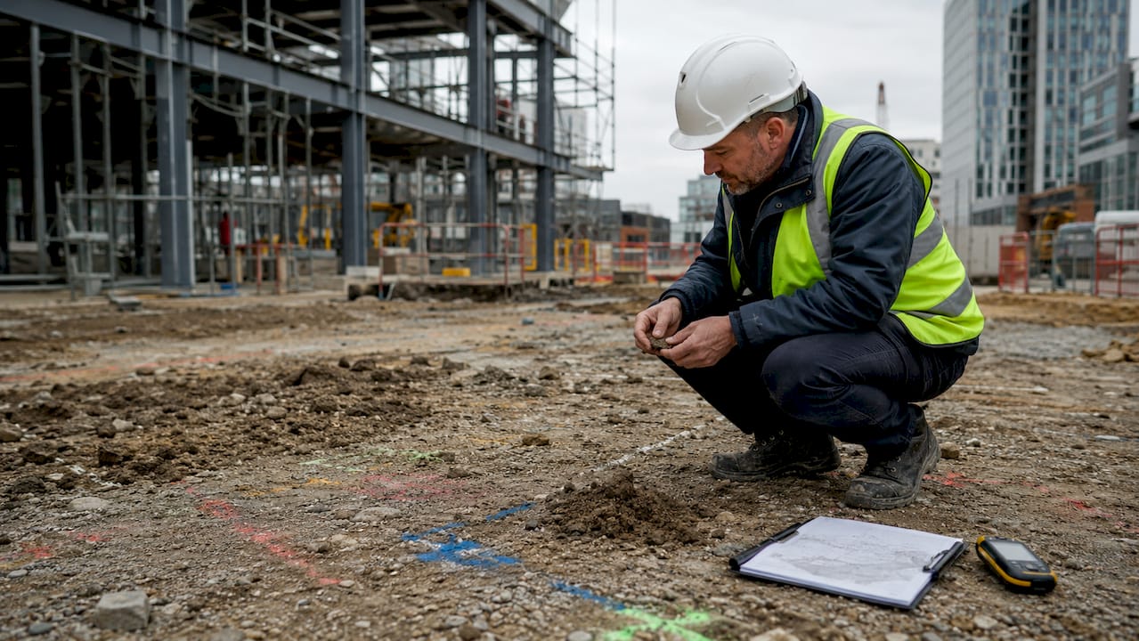 Site engineer analyzing soil conditions outdoors