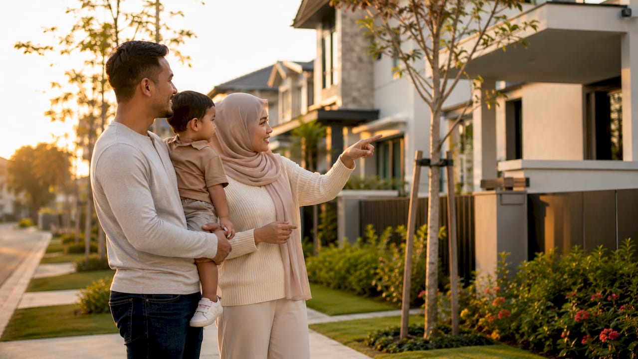 Young family walking by new suburban homes