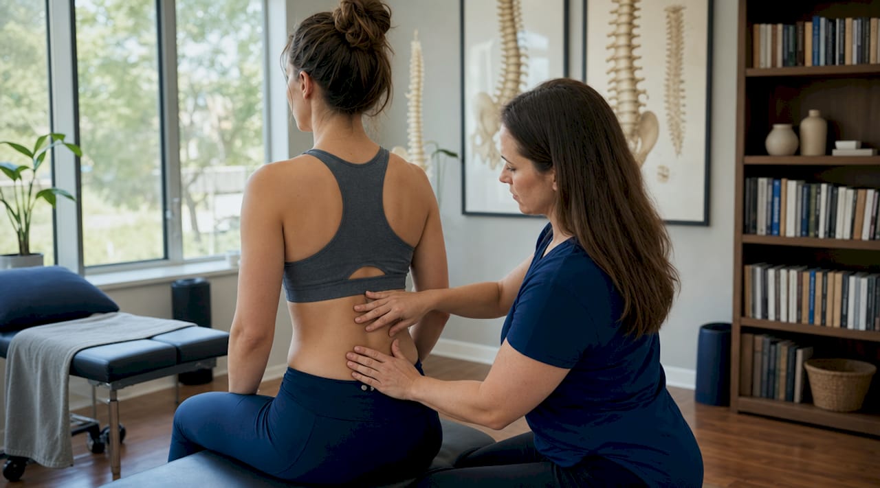 Chiropractor’s hands on patient’s lower back