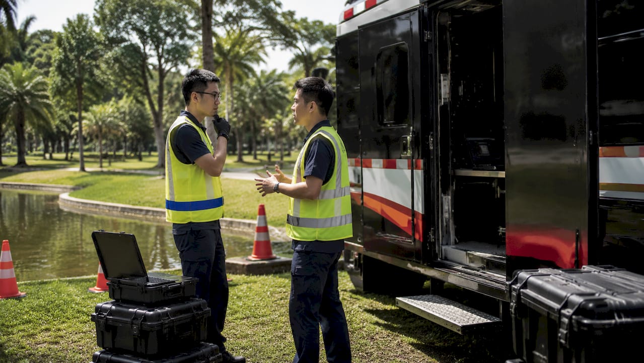 SCDF personnel coordinating emergency response outside building