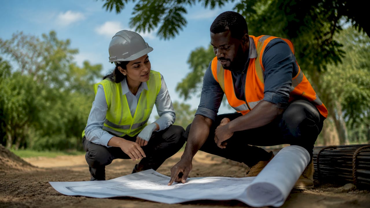 Construction professionals discussing design intent drawing