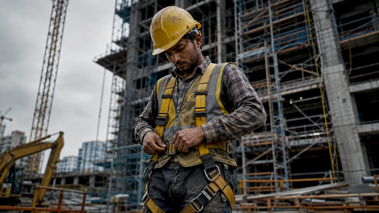Design for Safety in 2026: A Construction Guide Construction worker wearing safety harness outdoors