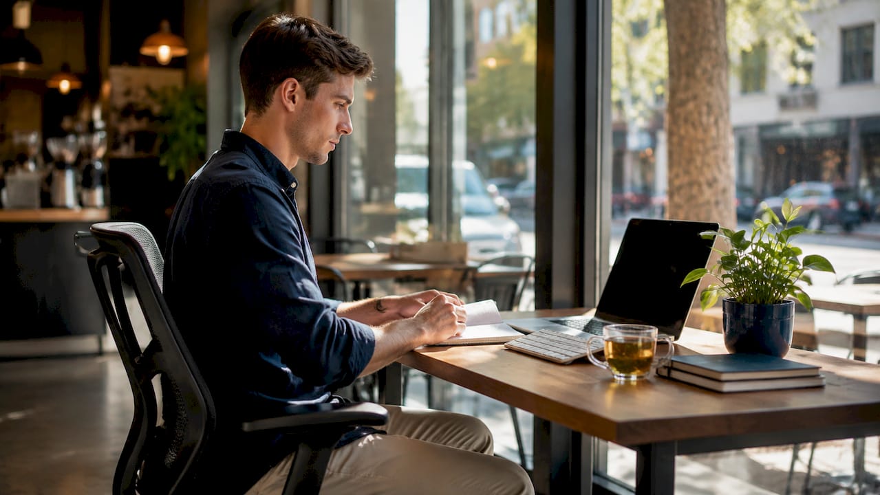 Man adjusting ergonomic office setup for spine health