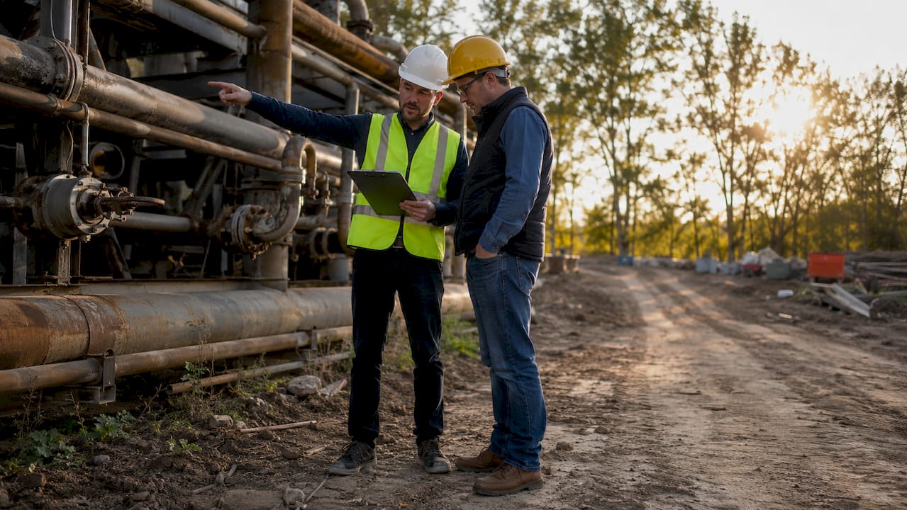 Auditor and manager inspecting industrial site equipment