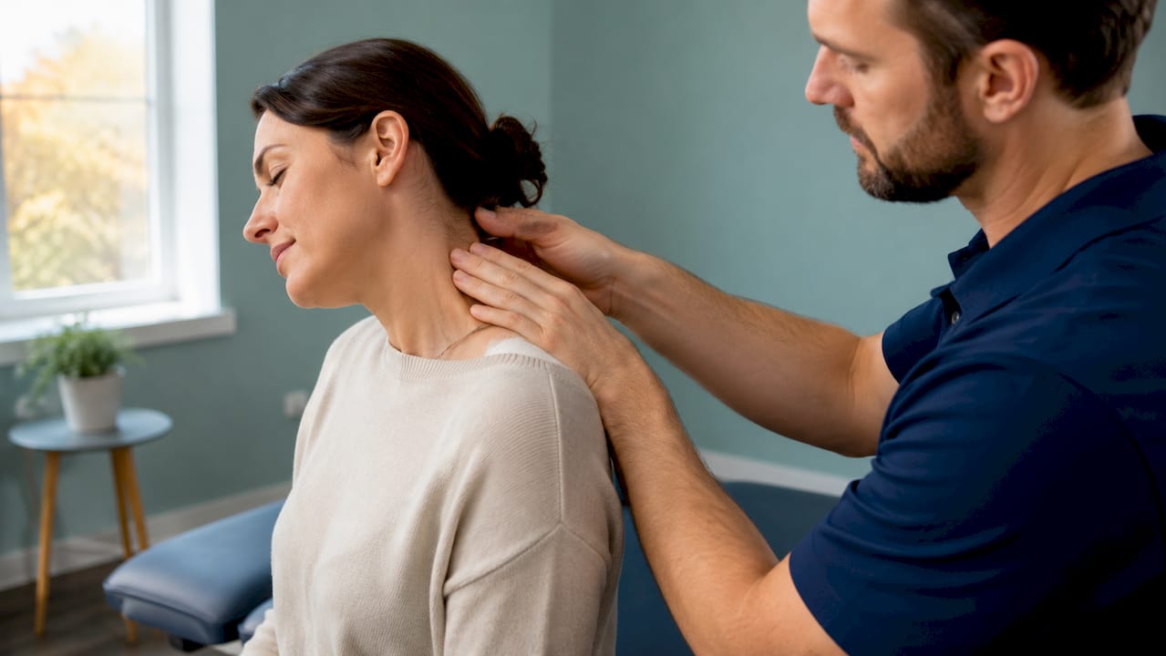 Hands performing neck adjustment on patient