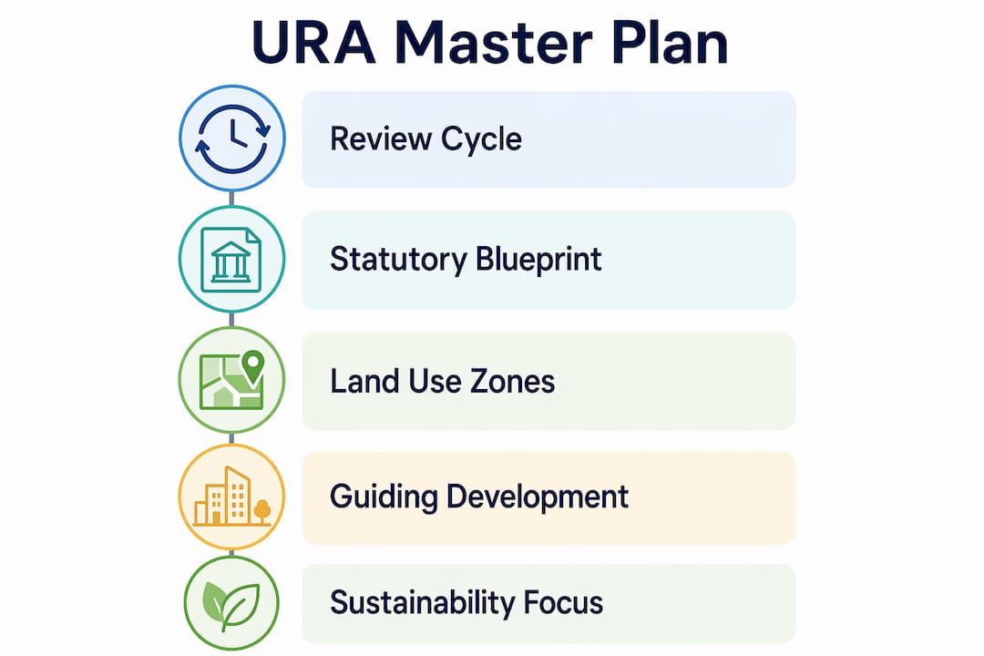 What Is URA in Singapore: Roles and Functions Infographic showing URA Master Plan key features