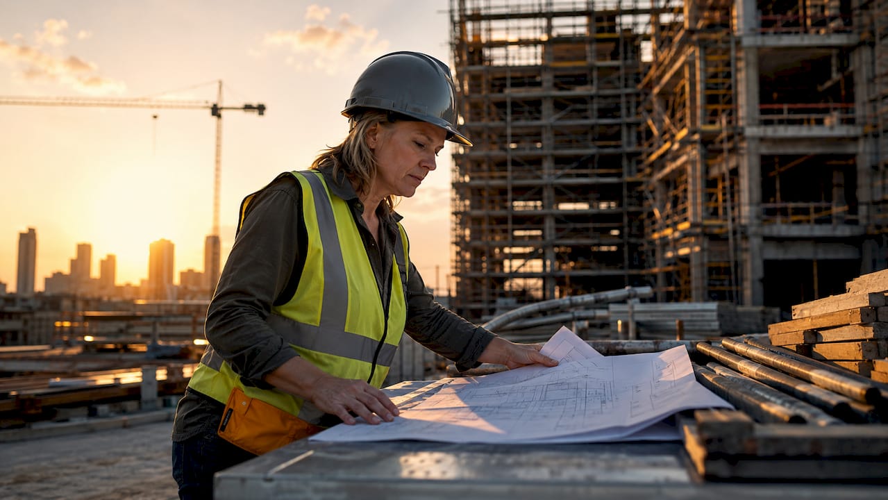 Project manager reviewing structural plans onsite