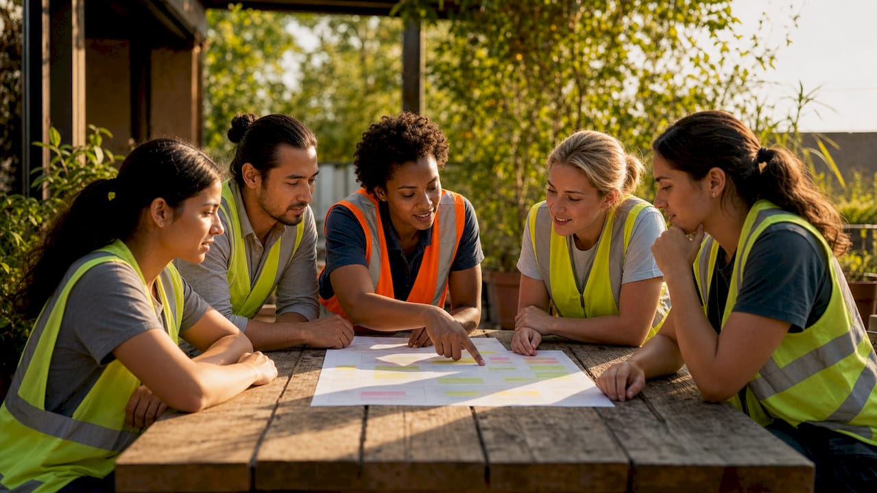 How to Ensure Design Safety in Construction Projects Team discussing safety checklist in meeting room
