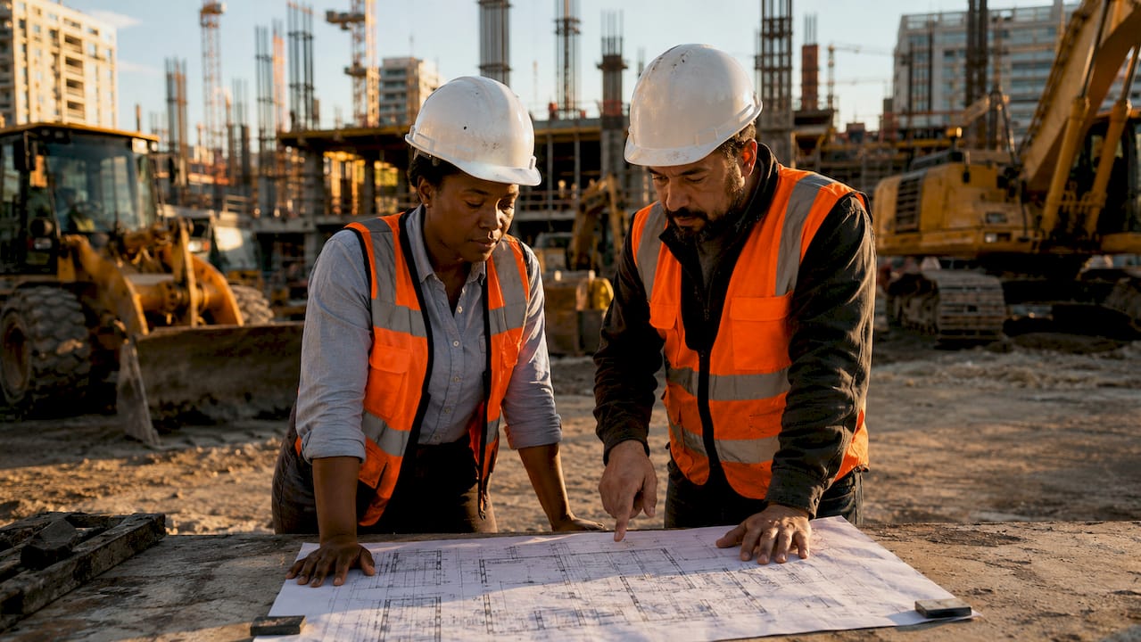Team discussing cost and schedule predictability at construction site