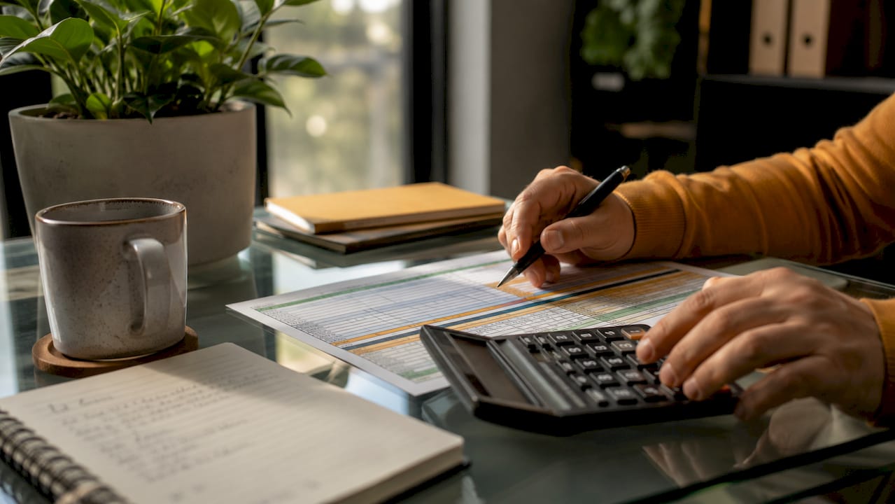 Hands calculating construction costs at kitchen counter
