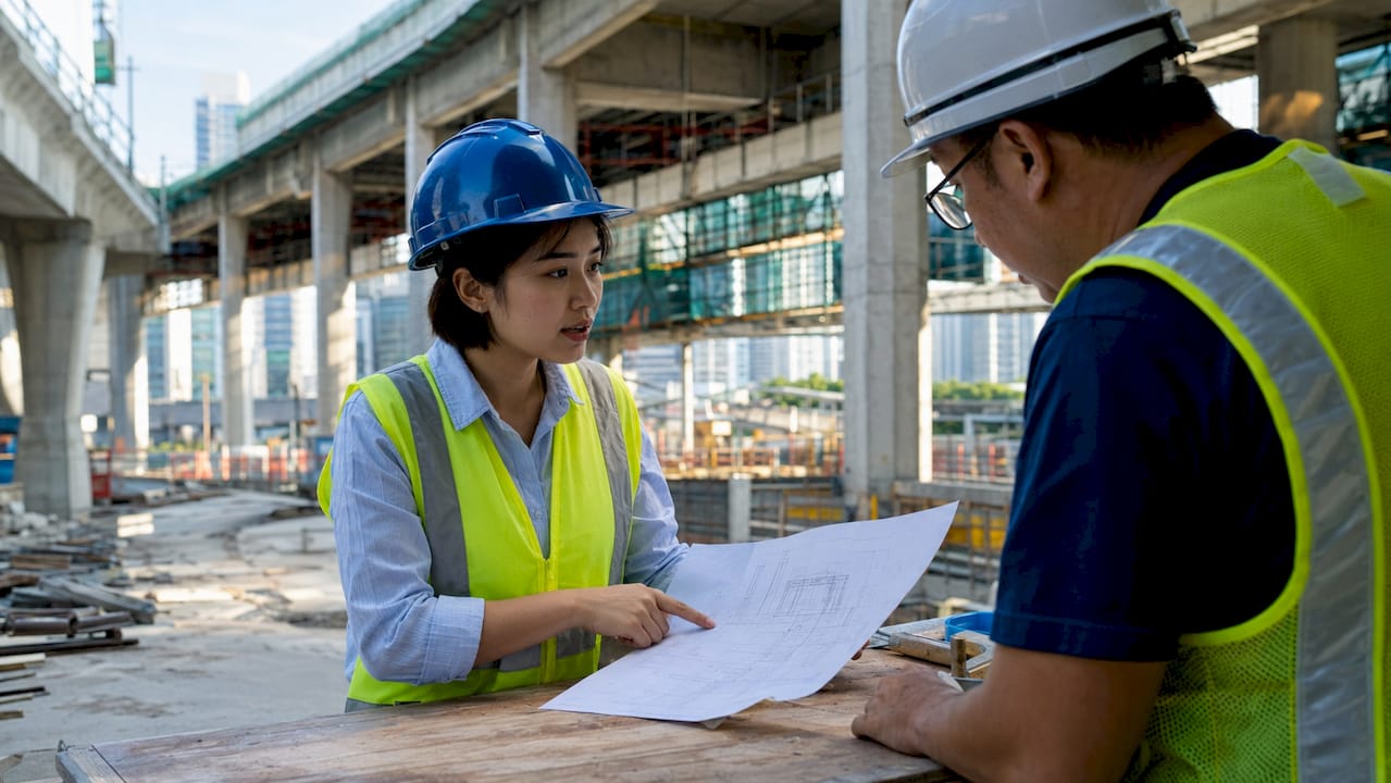 Singapore Building Permits: A 2026 Developer's Guide Engineer reviewing construction plans on-site